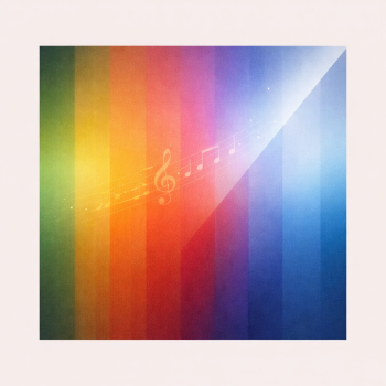 Abstraktes Farbspektrum mit fließenden Übergängen von Grün bis Blau, Lichtstrahl und Musiknoten.